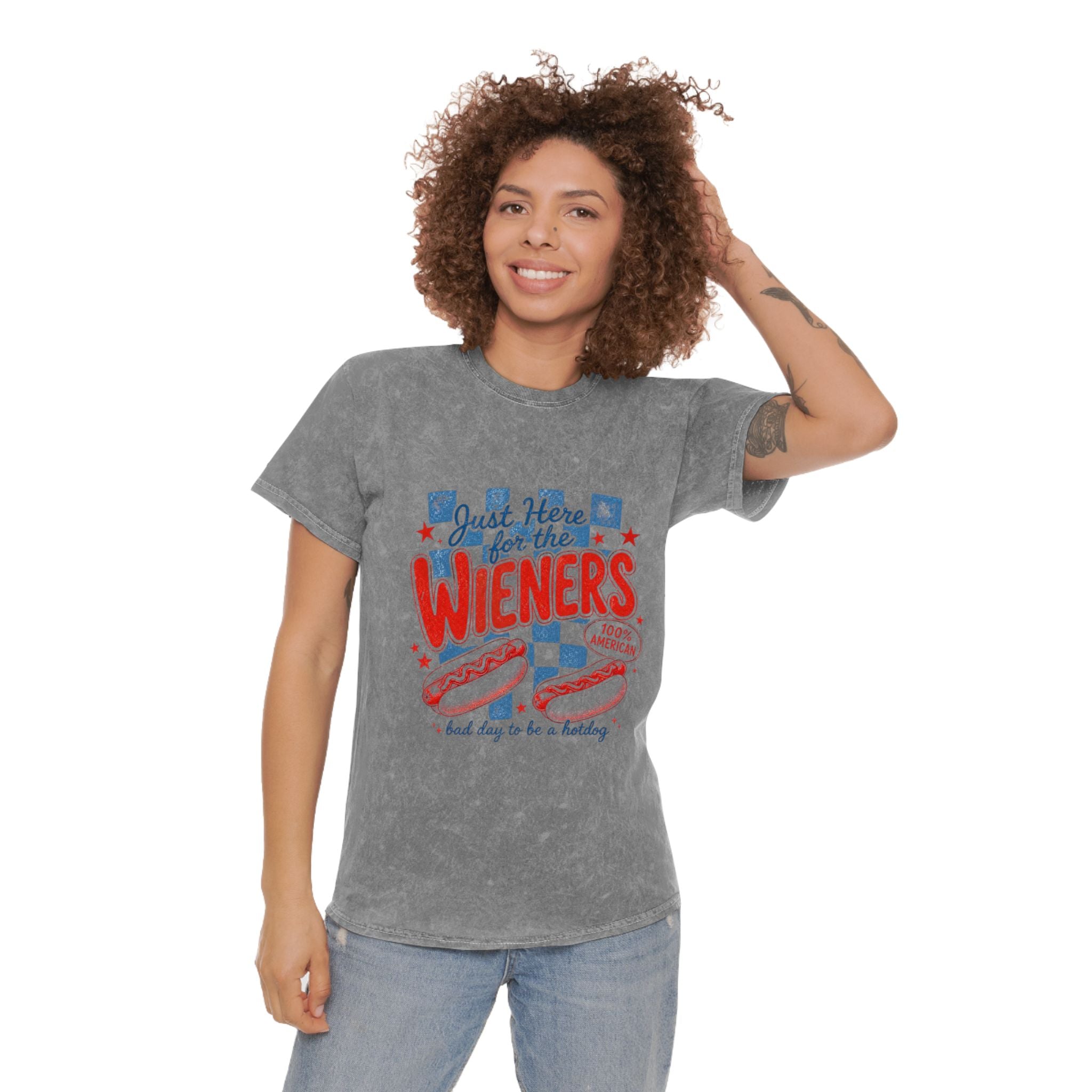 Just Here for the Wieners Mineral Wash T‑Shirt — Funny Hot Dog BBQ Tee