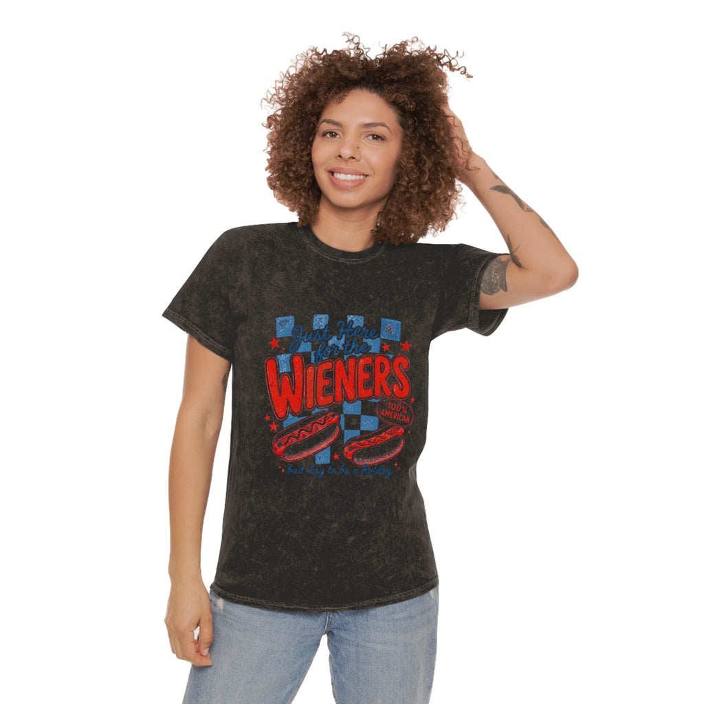Just Here for the Wieners Mineral Wash T‑Shirt — Funny Hot Dog BBQ Tee